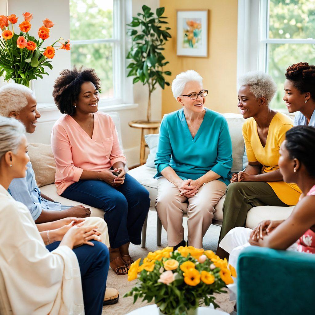 An uplifting scene depicting a diverse group of cancer patients and supporters gathered in a warm, inviting support group environment. Include comforting elements like soft seating, sharing of personal stories, and a sense of unity and hope among them. Incorporate symbols of healing such as flowers and gentle light filtering in. The ambiance should reflect camaraderie and advocacy, illustrating both emotional support and empowerment. soft focus. vibrant colors. warm tones.