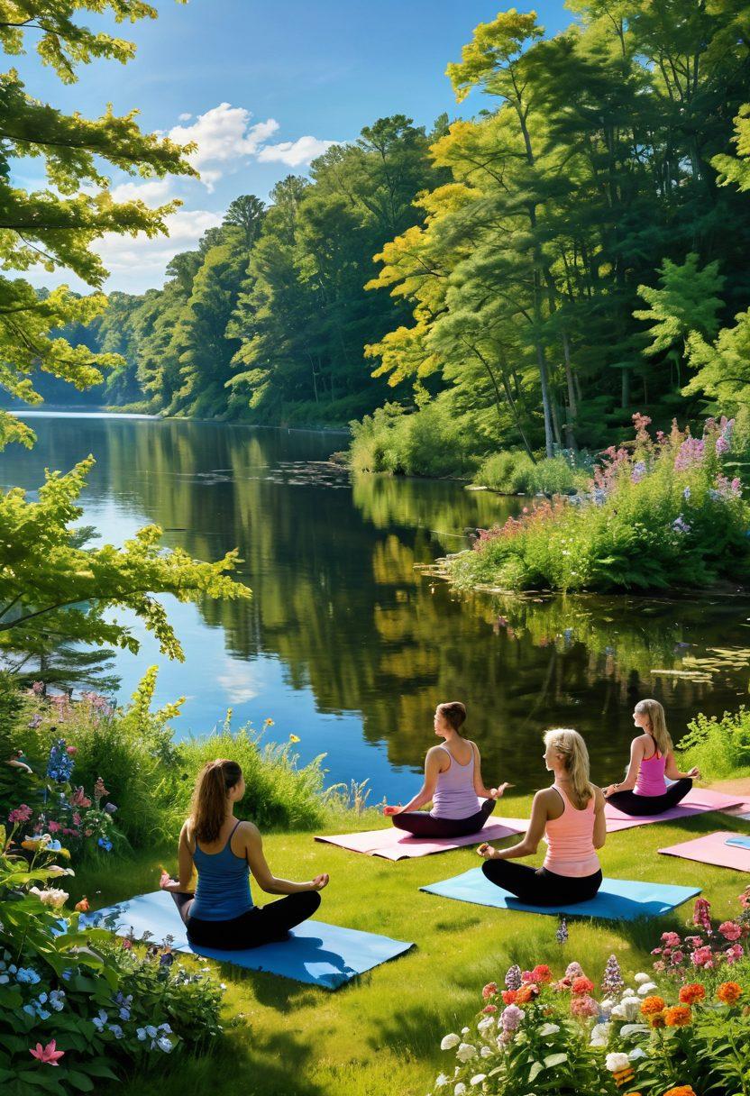 A serene landscape of Michigan with lush greenery and a bright blue sky, featuring a diverse group of cancer survivors engaging in wellness activities like yoga and meditation by a peaceful lake. Incorporate vibrant flowers and butterflies to symbolize hope and healing, with a backdrop of gently swaying trees. Highlight a warm sun casting soft golden light on the scene. super-realistic. vibrant colors. idyllic nature.