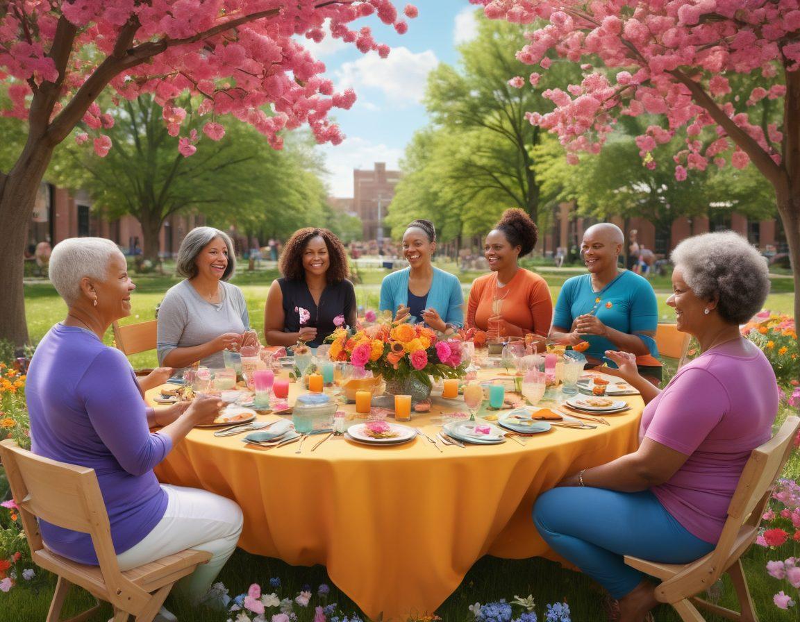 A vibrant community gathering in Detroit with diverse cancer survivors sharing stories, surrounded by blooming flowers and supportive friends. Incorporate symbols of hope like ribbons and butterflies, showcasing wellness activities such as yoga and healthy eating. A warm, inviting atmosphere that radiates strength and unity. bright colors. 3D.